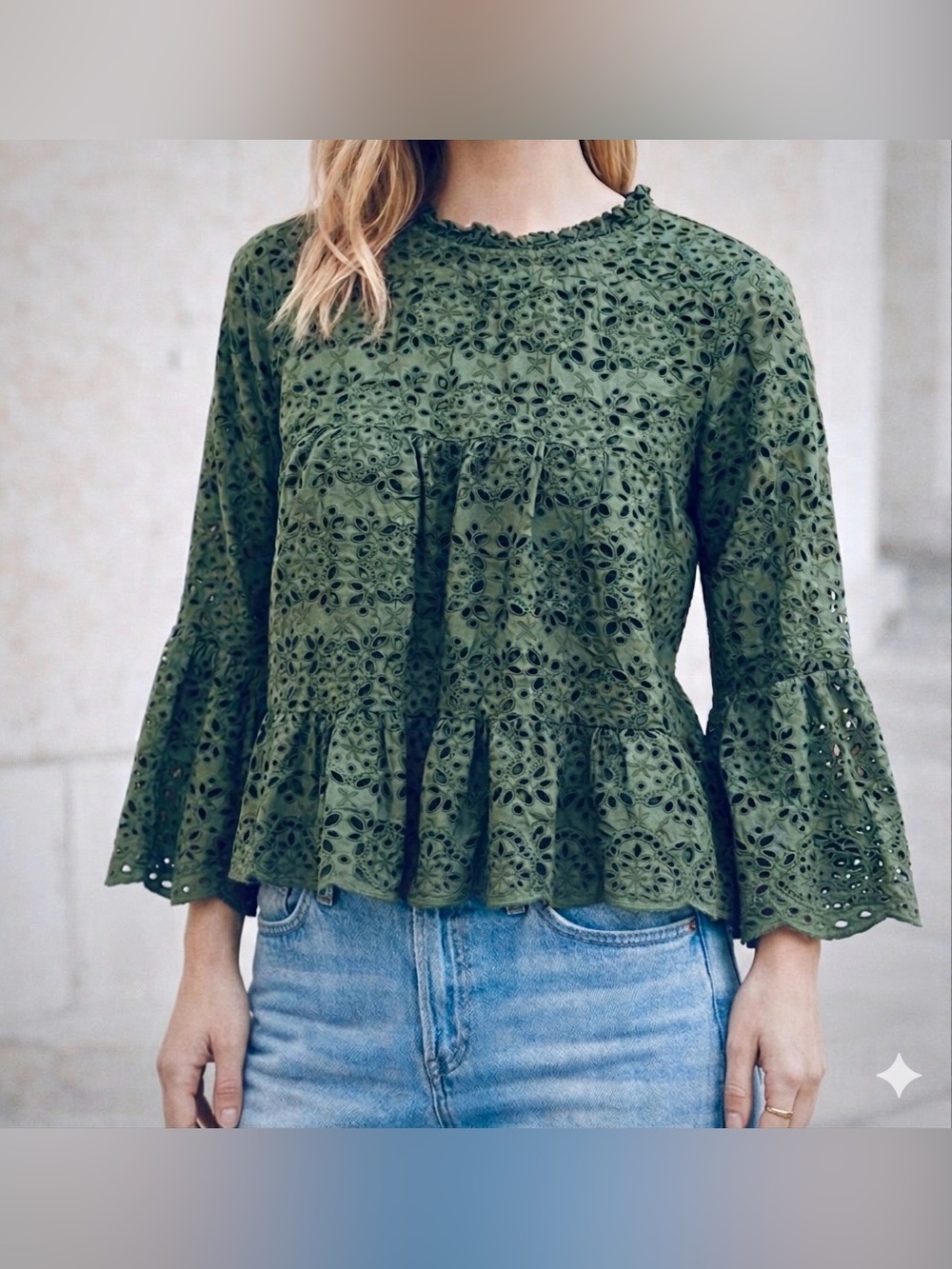 Veronica Beard Emmalyn Eyelet Flounce Top Green - Ruffle Peplum/Bell Sleeve - 6